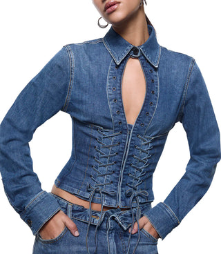 Liu Jo camicia donna crop in denim con stringhe lavaggio blu