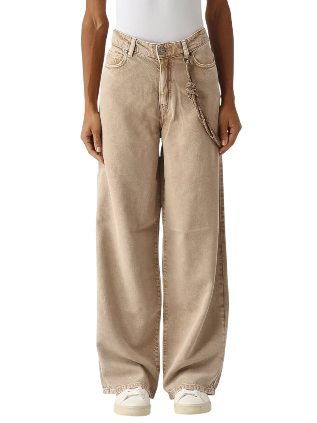 Pinko jeans wide leg Lauryn con catena gioiello beige