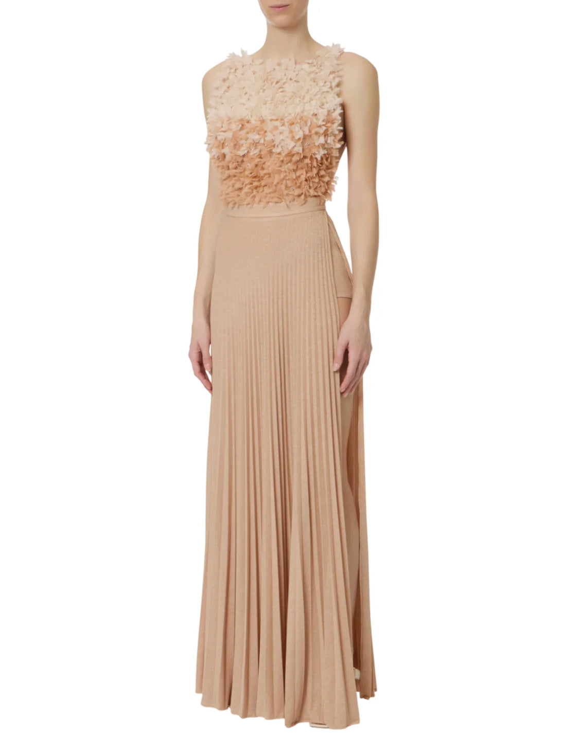 Elisabetta Franchi abito lungo plissè Red Carpet con petali rosa