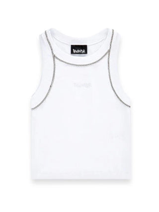 Disclaimer top crop a costine con strass bianco