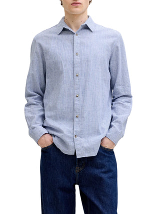 Jack&Jones camicia uomo manica lunga misto lino azzurro bianco
