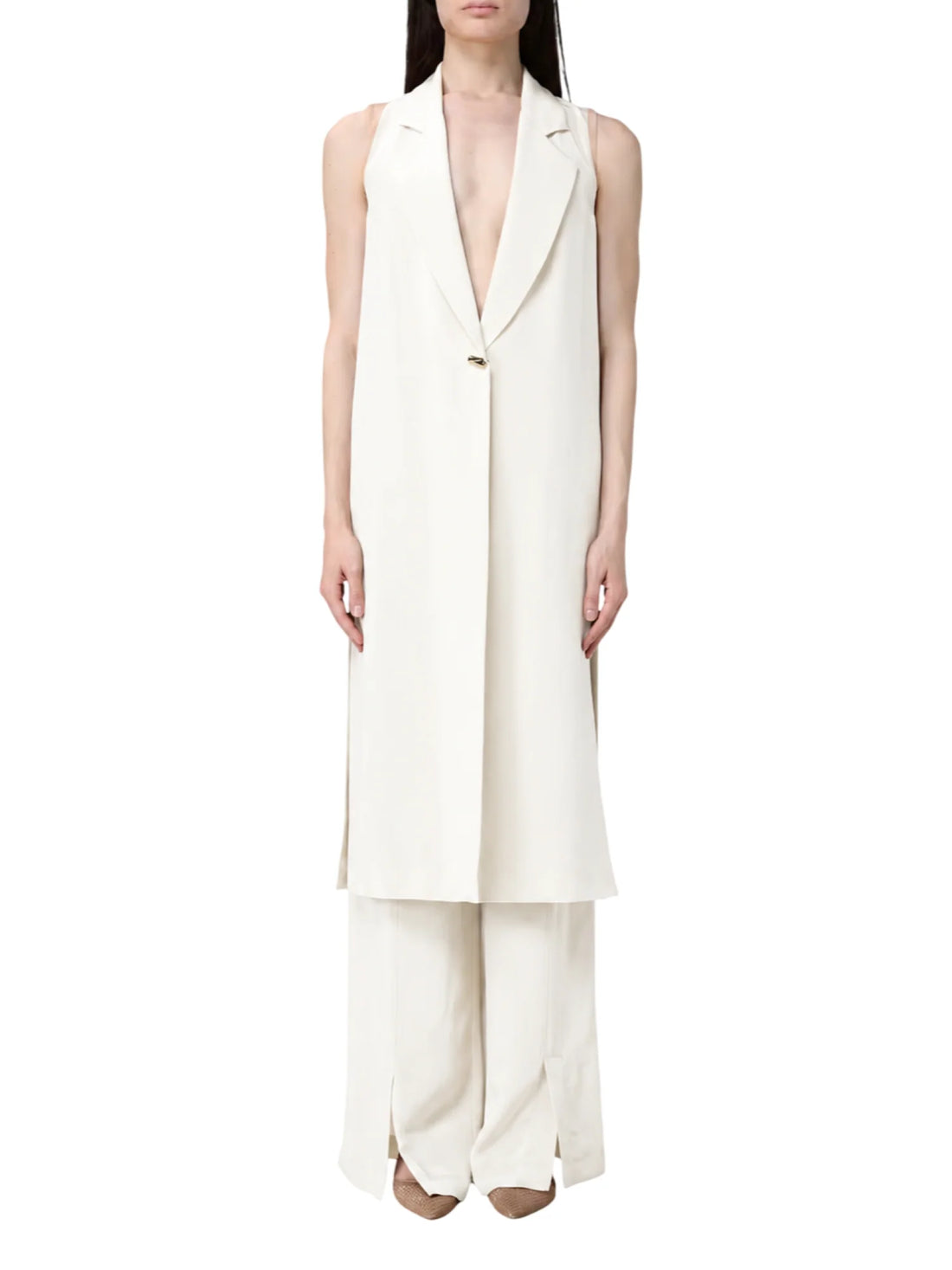 Simona Corsellini gilet lungo donna con bottone gioiello panna