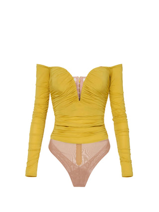 Elisabetta Franchi body in jersey con drappeggi giallo