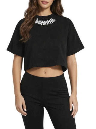 Disclaimer T-shirt crop donna con logo laminato nero