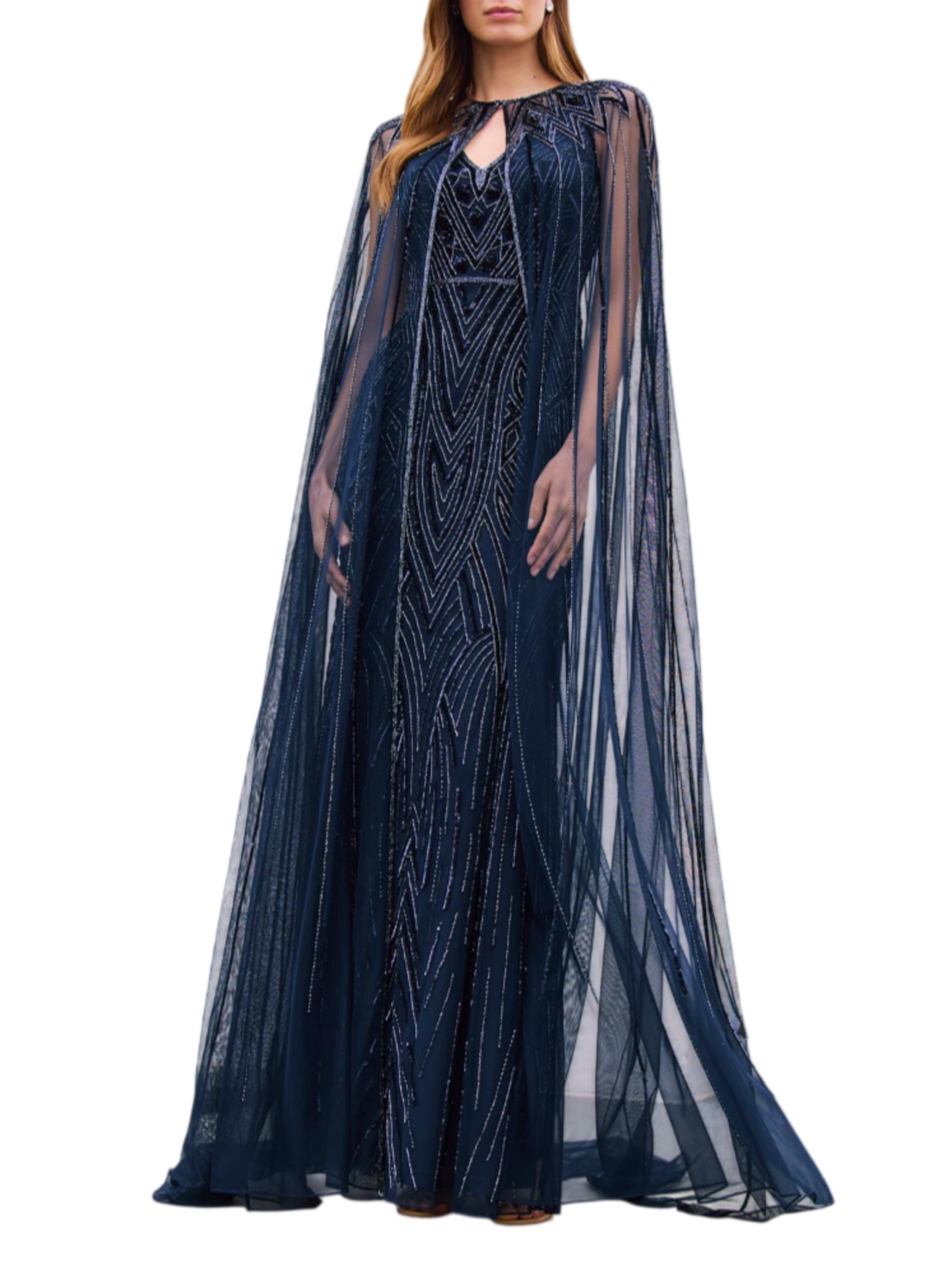 Couture Club abito con ricami gioiello e mantella blu