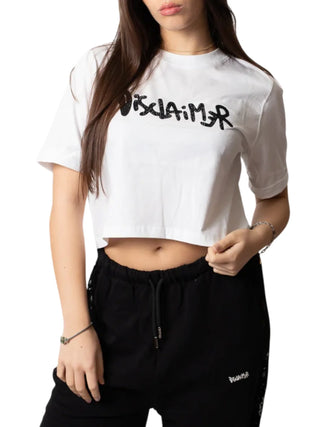 Disclaimer T-shirt crop donna con logo strass bianco
