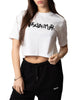 Disclaimer T-shirt crop donna con logo strass bianco