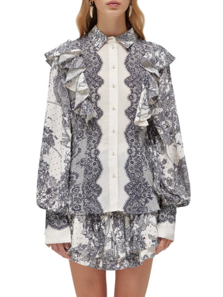 Blugirl camicia con rouches effetto pizzo panna blu