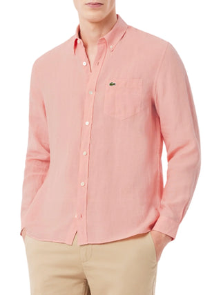 Lacoste camicia in lino uomo con tasca rosa salmone