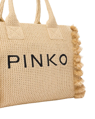 Pinko borsa Beach Shopper in rafia con logo beige