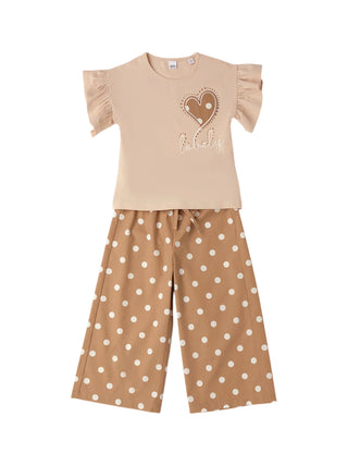 iDo completo bambina pantaloni pois e T-shirt beige