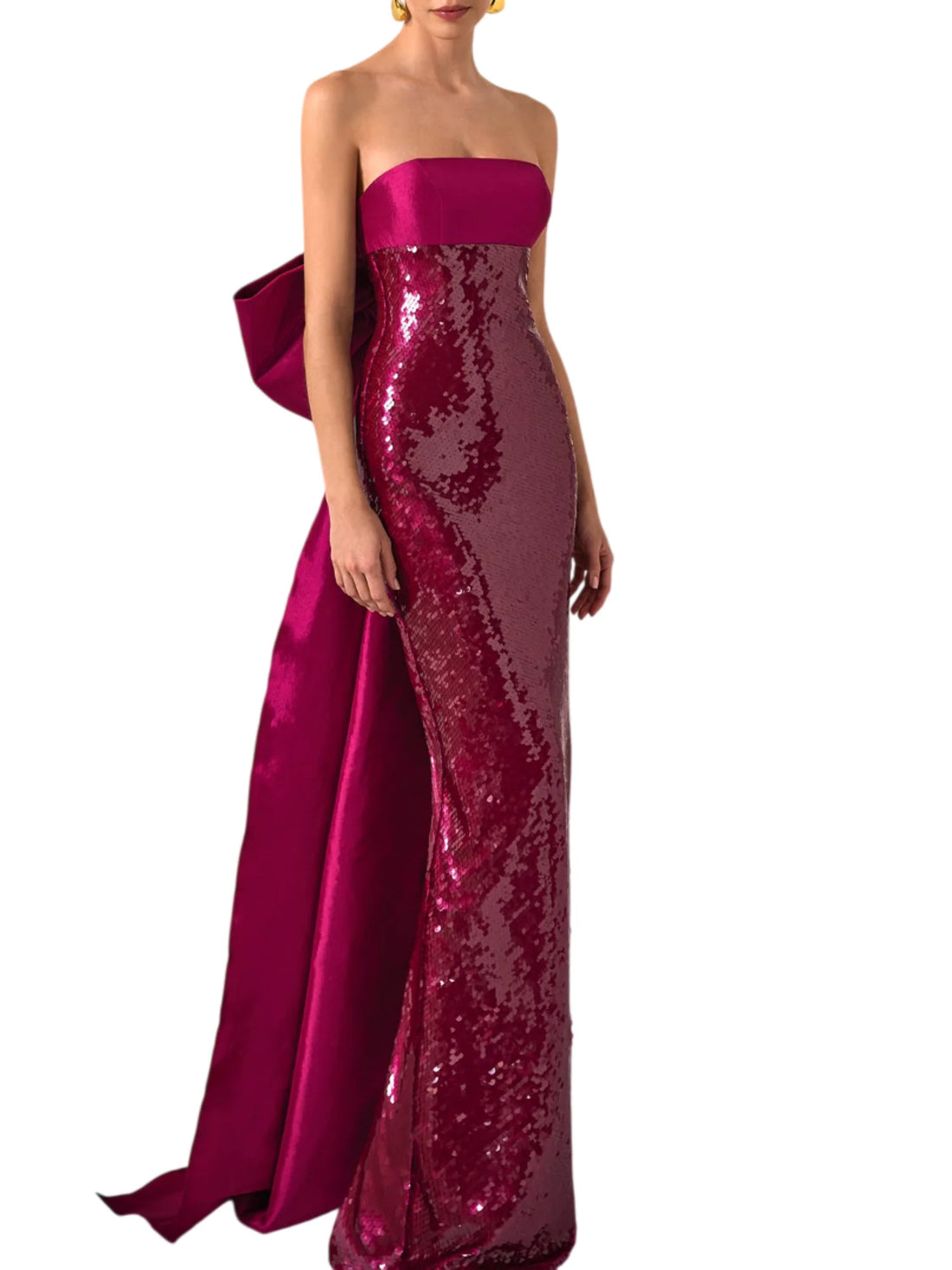 Marfil abito cerimonia con paillettes e fiocco magenta