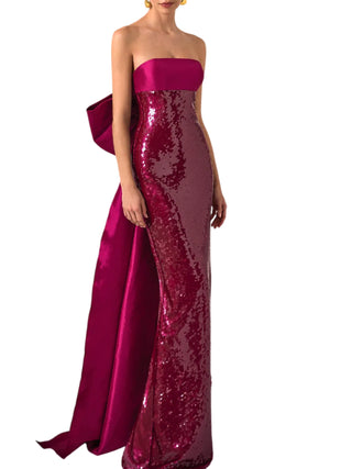 Marfil abito cerimonia con paillettes e fiocco magenta