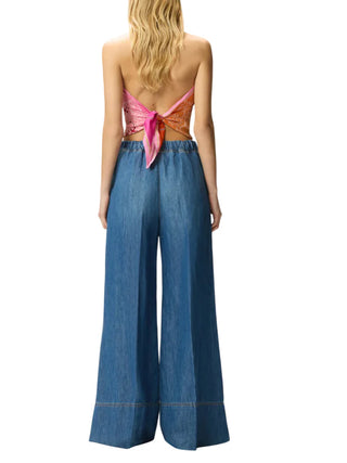 Pinko jeans misto lino Spiaggia wide leg lavaggio blu