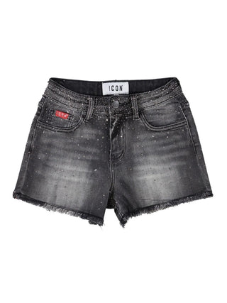 Icon shorts bambina in denim con strass lavaggio nero