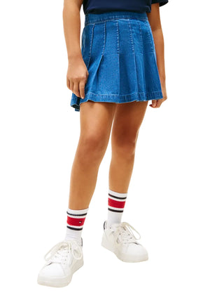Tommy Hilfiger gonna a pieghe bambina in denim lavaggio blu
