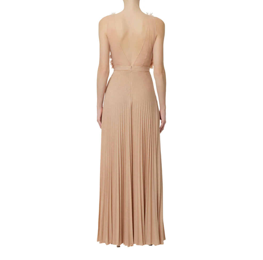 Elisabetta Franchi abito lungo plissè Red Carpet con petali rosa