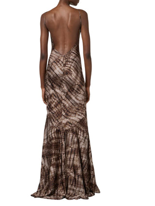 Elisabetta Franchi abito lungo satin con stampa alligatore marrone