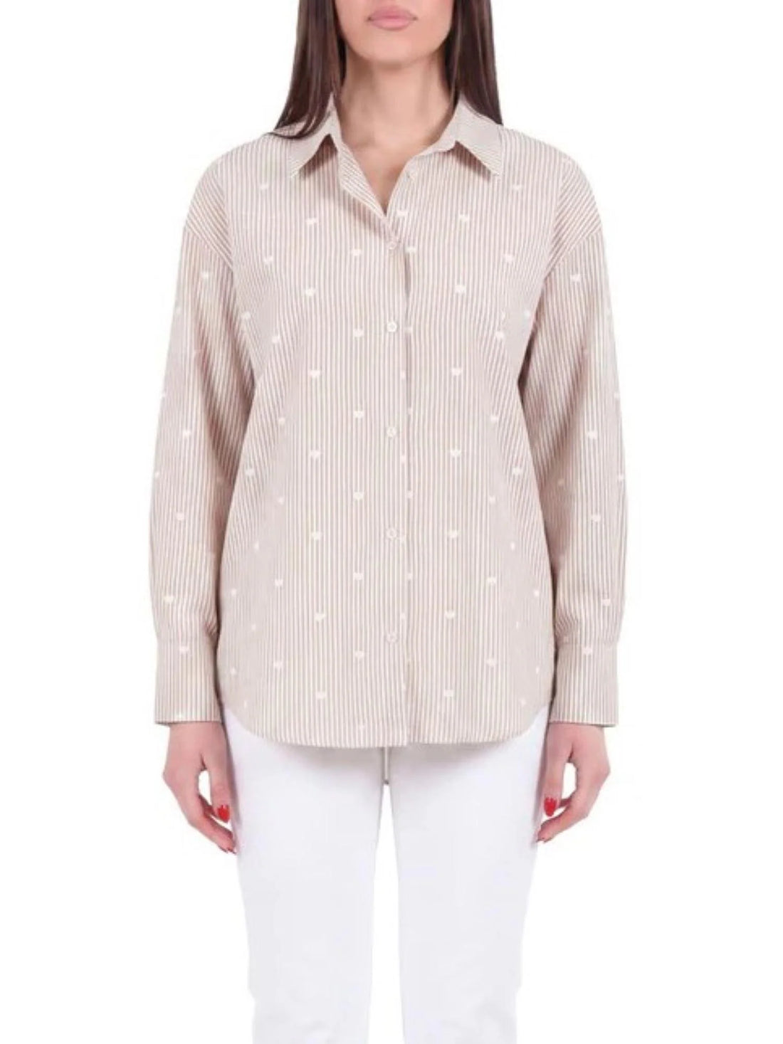 Yes Zee camicia a righe donna con cuoricini bianco beige