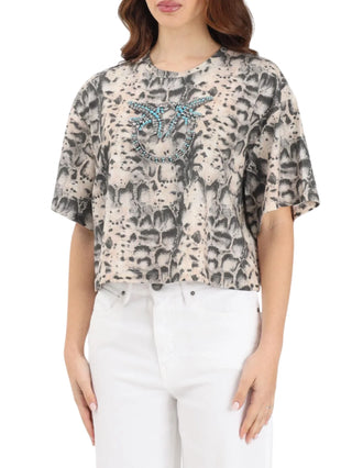 Pinko T-shirt Terni stampa pitonata con logo gioiello beige nero