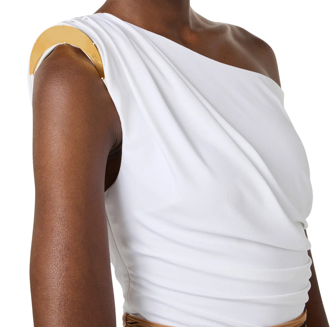 Elisabetta Franchi body monospalla in jersey drappeggiato bianco