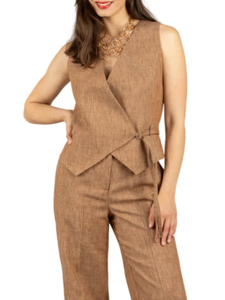 Vicolo gilet donna misto lino fiammato marrone