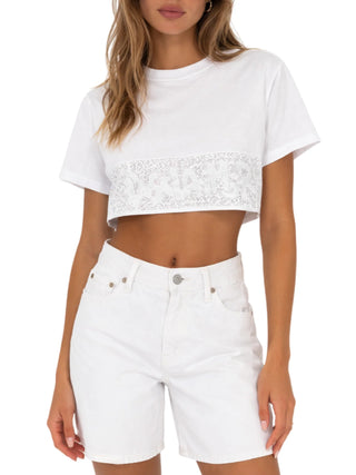 Disclaimer T-shirt crop donna con logo strass bianco