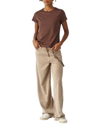 Pinko jeans wide leg Lauryn con catena gioiello beige