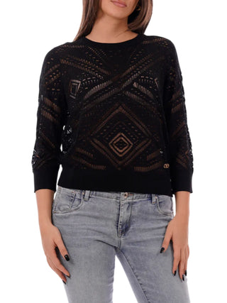 Yes Zee maglia traforata donna manica lunga nero