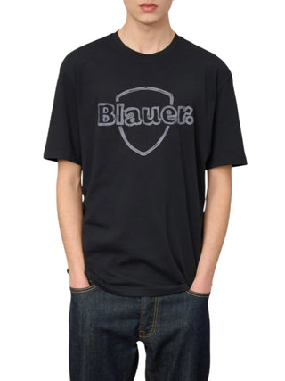 Blauer T-shirt manica corta uomo con logo nero