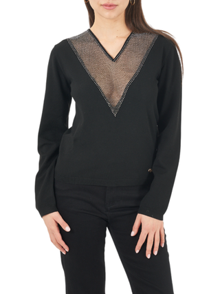 Yes Zee maglia a V con inserto strass nero M093-Z200 0801 YES-ZEE 