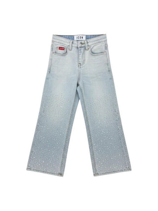 Icon jeans bambina wide leg con strass lavaggio chiaro