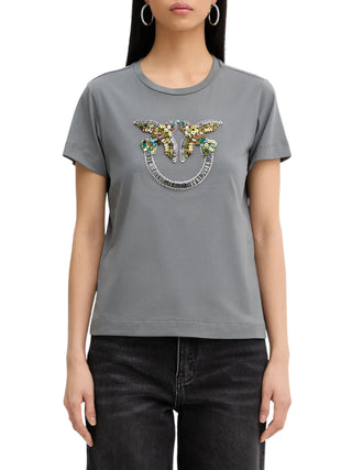Pinko T-shirt Quentin con logo Love Birds gioiello grigio