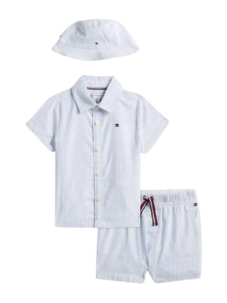 Tommy Hilfiger completo neonato camicia shorts cappello celeste bianco