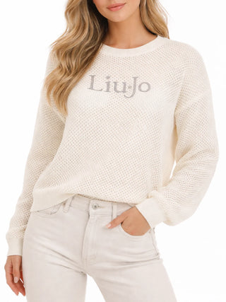 Liu Jo maglia traforata con logo strass panna