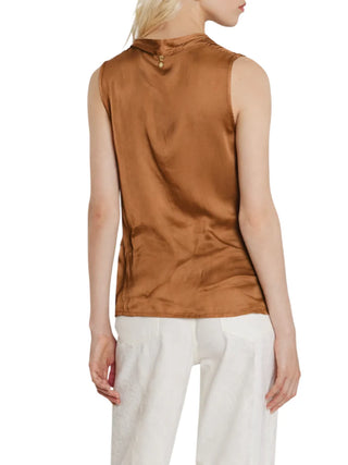 Relish blusa smanicata Wolfy in raso marrone caramello