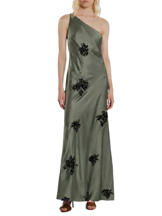Relish abito monospalla satin con applicazioni floreali paillettes verde
