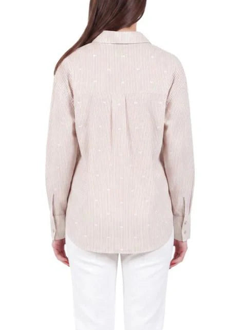 Yes Zee camicia a righe donna con cuoricini bianco beige