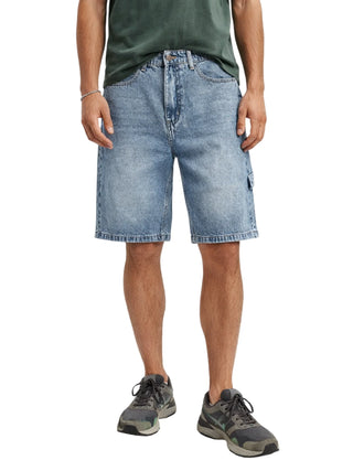 Disclaimer bermuda uomo in denim con logo lavaggio blu