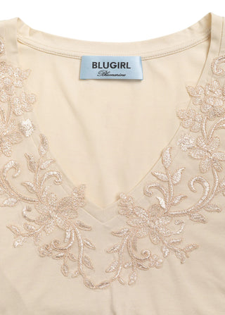 Blugirl T-shirt smanicata con ricami floreali beige chiaro