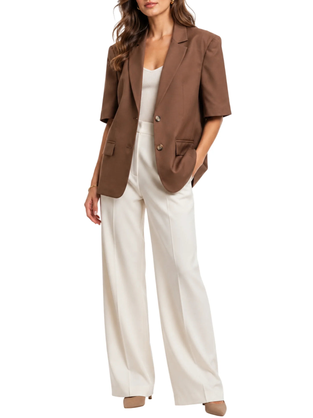 Haveone giacca blazer manica corta con spalline marrone