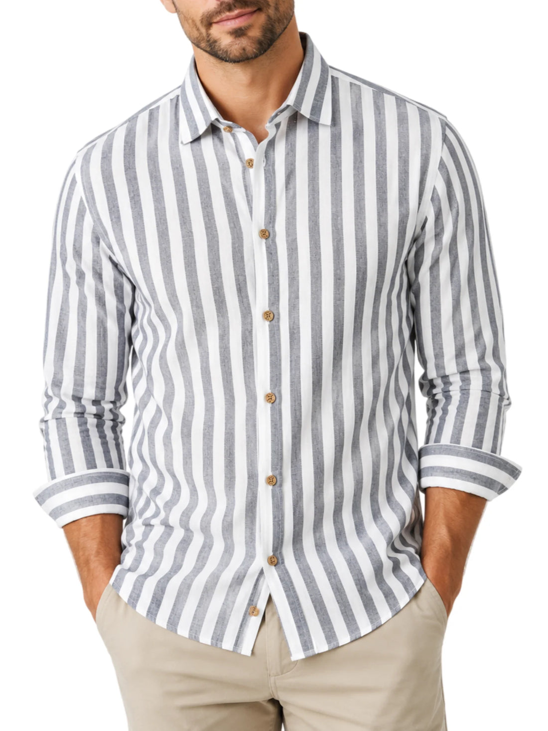 Yes Zee camicia uomo a righe misto lino bianco blu