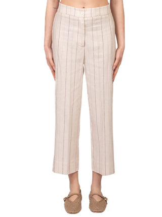 Vicolo pantaloni gessati donna misto lino beige