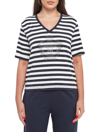 Liu Jo T-shirt manica corta a righe con strass panna blu
