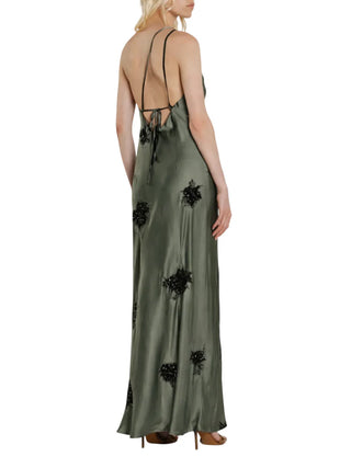 Relish abito monospalla satin con applicazioni floreali paillettes verde