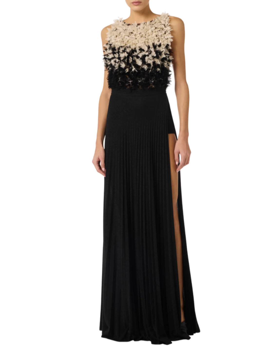 Elisabetta Franchi abito lungo plissè Red Carpet con petali nero