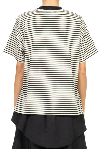 Vicolo T-shirt donna in cotone a righe panna nero