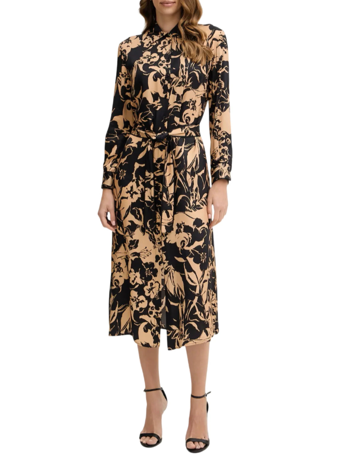 Simona Corsellini abito chemisier in fantasia con cintura beige nero