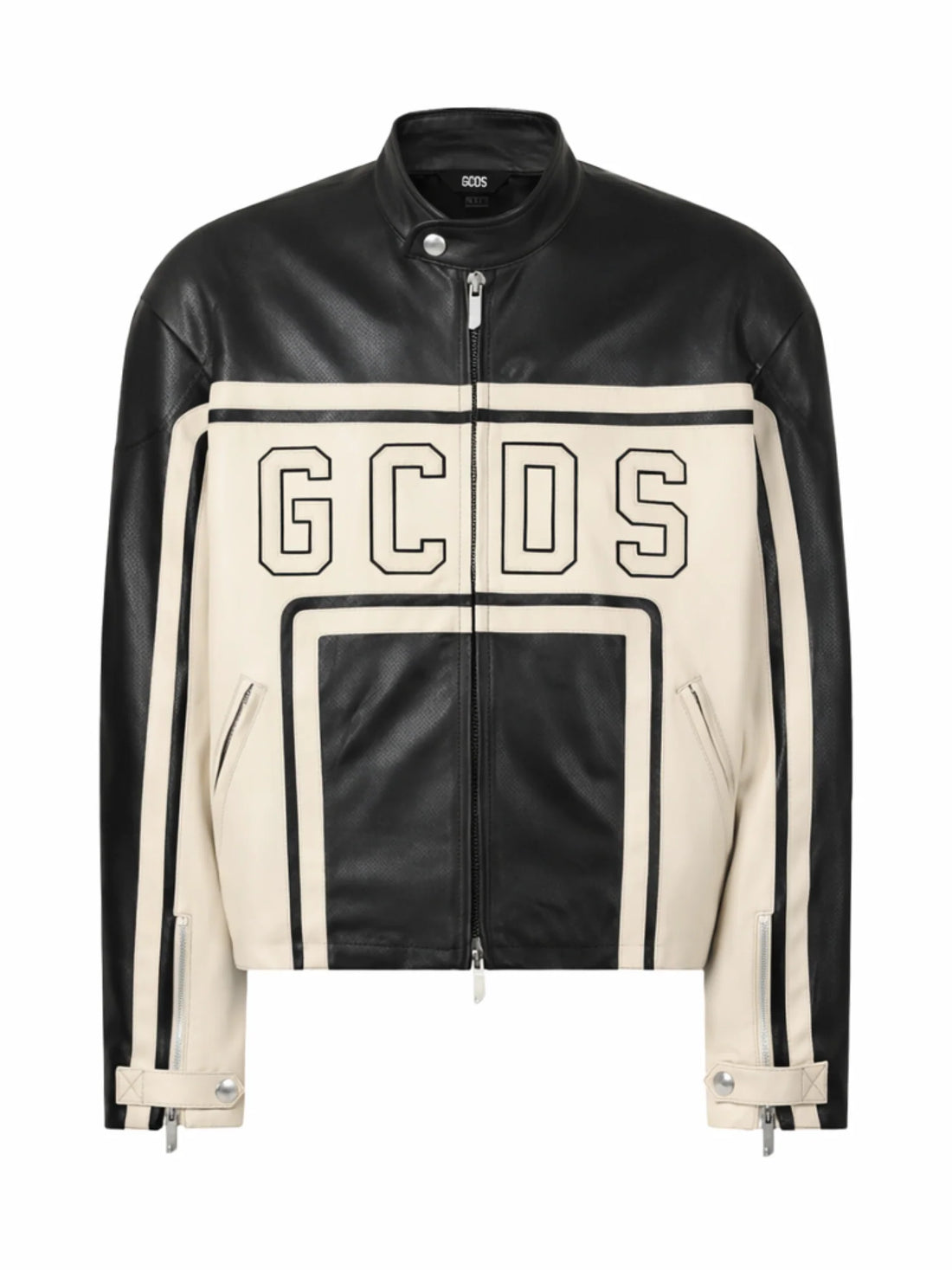 GCDS giubbino bambino bicolore in ecopelle beige nero