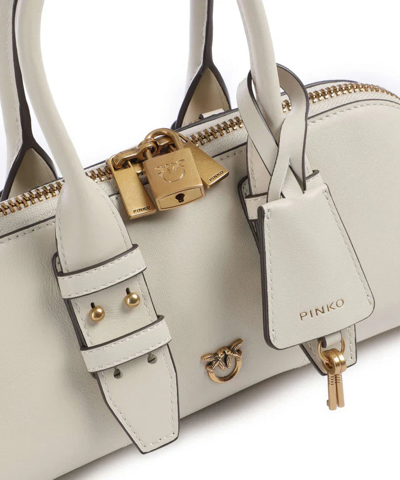 Pinko borsa Bowling Bag Horizontal in pelle panna oro